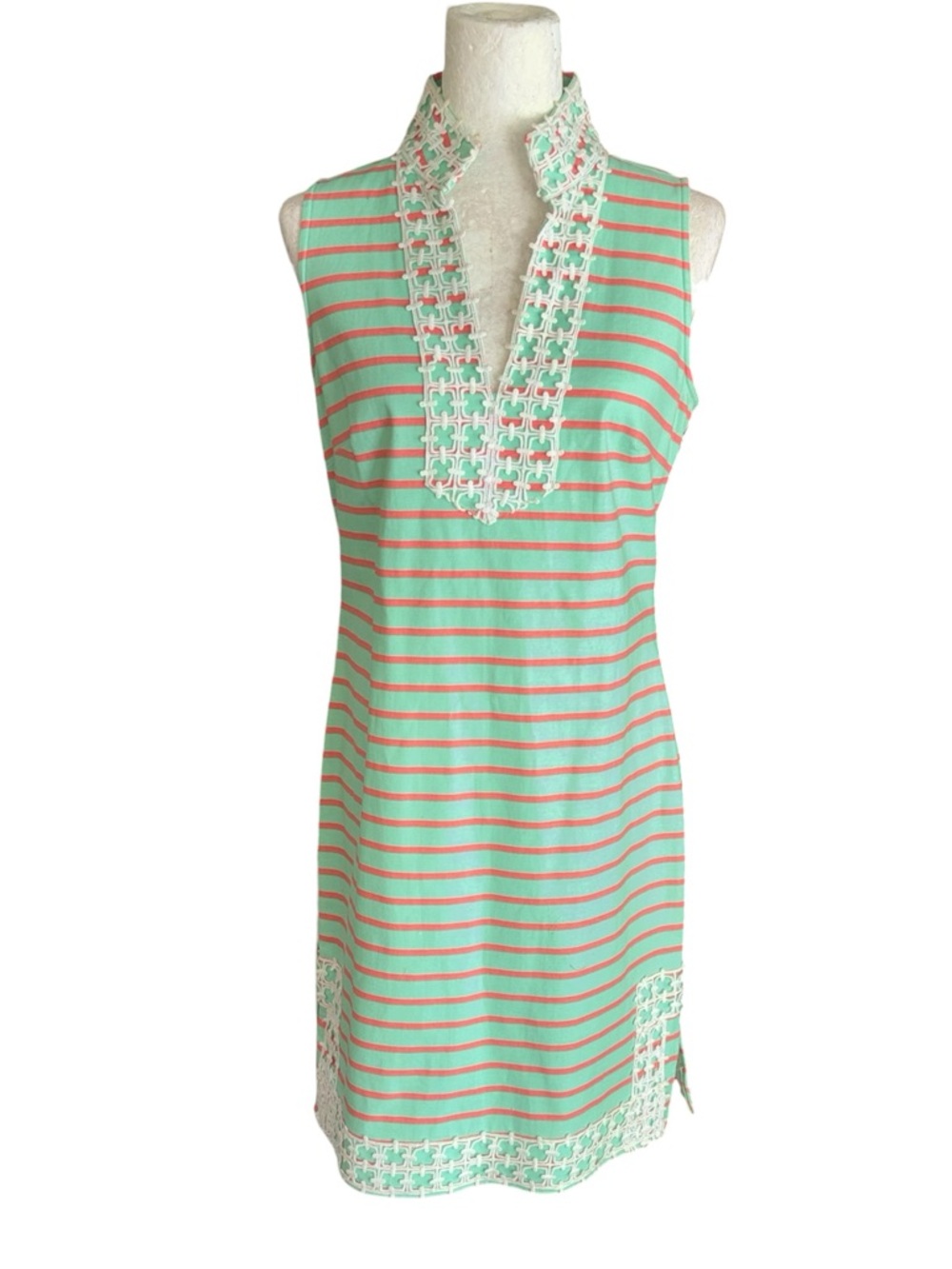 Sail to Sable Mint Green Coral Striped Crochet Lace Sleeveless Mini Dress - S